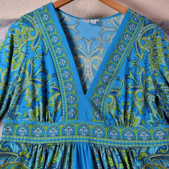 London Times Womens 10 Blue Green Paisley‎ Babydoll Y2K Boho Retro Midi Dress - Picture 7 of 10